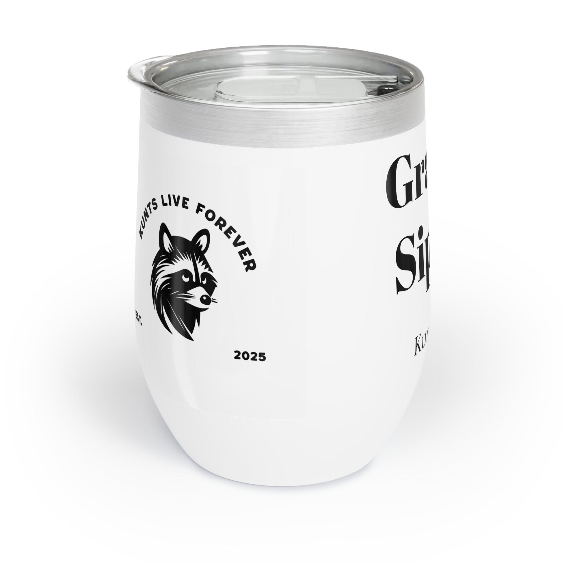 White stainless steel Grandma's Sippy Cup wine tumbler with spill-resistant lid and minimalist design