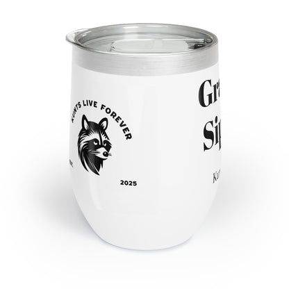 White stainless steel Grandma's Sippy Cup wine tumbler with spill-resistant lid and minimalist design