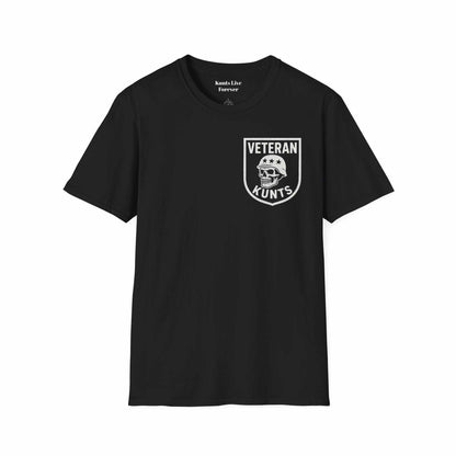 KLF black “Sharing Blood Makes You Family” Veteran unisex tee with glow-in-the-dark skull print on premium triblend fabric