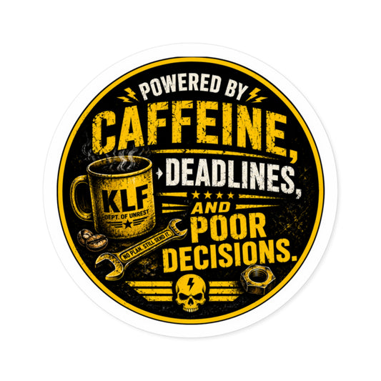 KLF “Powered by Caffeine, Deadlines, and Poor Decisions.” Round Sticker | Dept. of Adhesive Warfare | KLF Merch