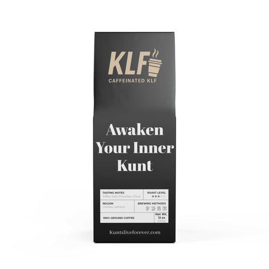 KLF Coon Coffee Blend medium roast ground coffee bag with bold, smooth finish and raccoon branding