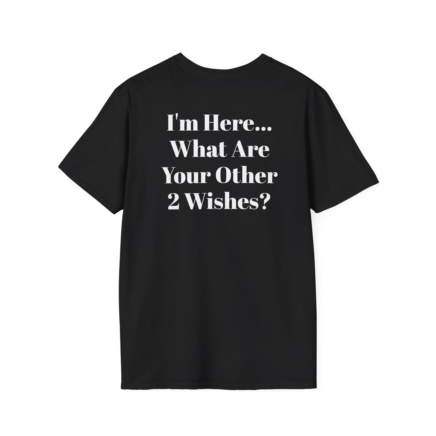 Black KLF Wishes Tee with bold white text "I'm Here... What Are Your Other 2 Wishes?" in rebellious punk streetwear style