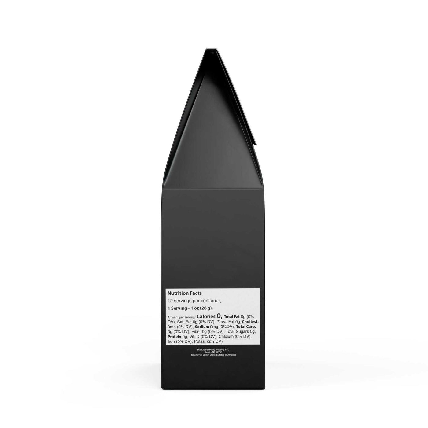 black packaging box with nutrition facts label on the back for Pirate Brew Blend