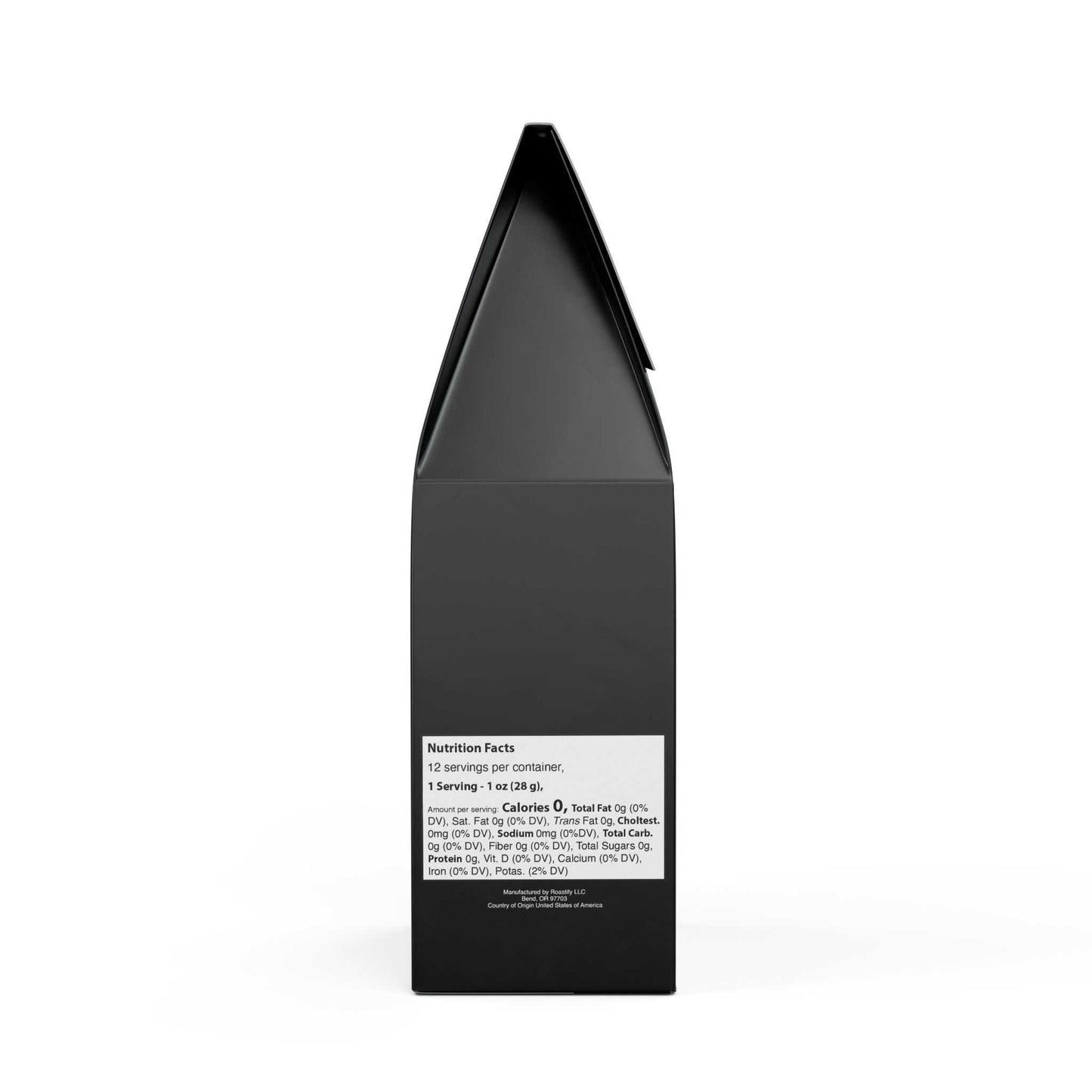 black packaging box with nutrition facts label on the back for Pirate Brew Blend