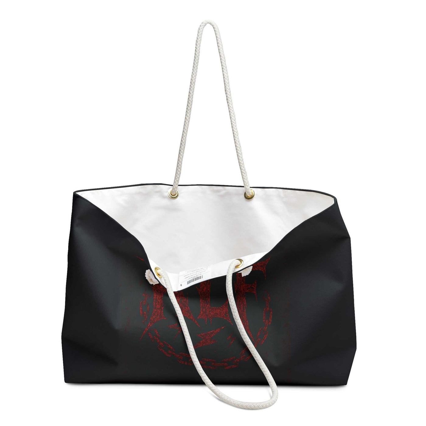 KLF Walk Of Shame black and white weekender bag with rope handles and red logo design