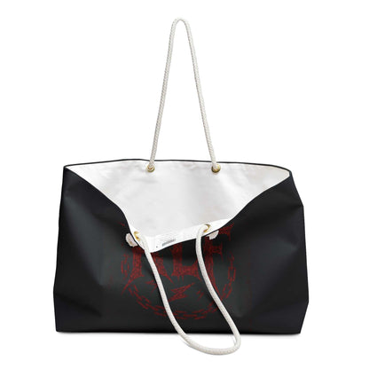 KLF Walk Of Shame black and white weekender bag with rope handles and red logo design