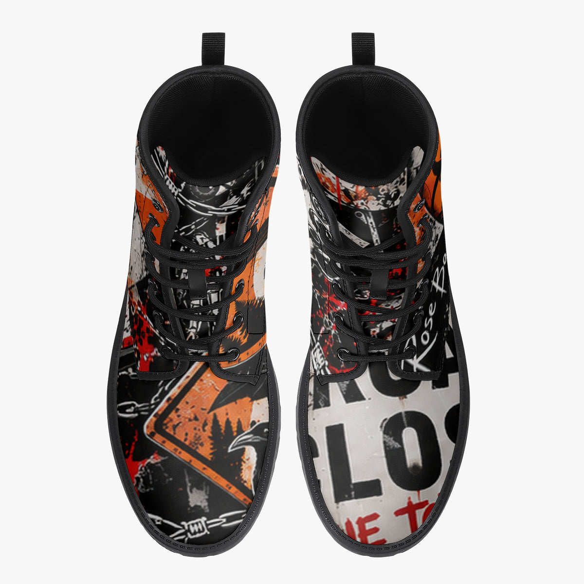 KLF Road Closed leather boots with Strange Days roadside-horror artwork - product view 3