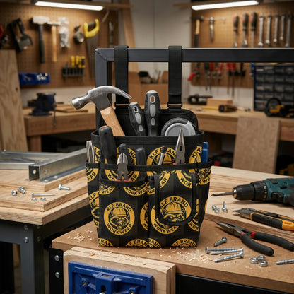 KLF Brand Workwear Tool Tote in black and yellow repeating logo pattern
