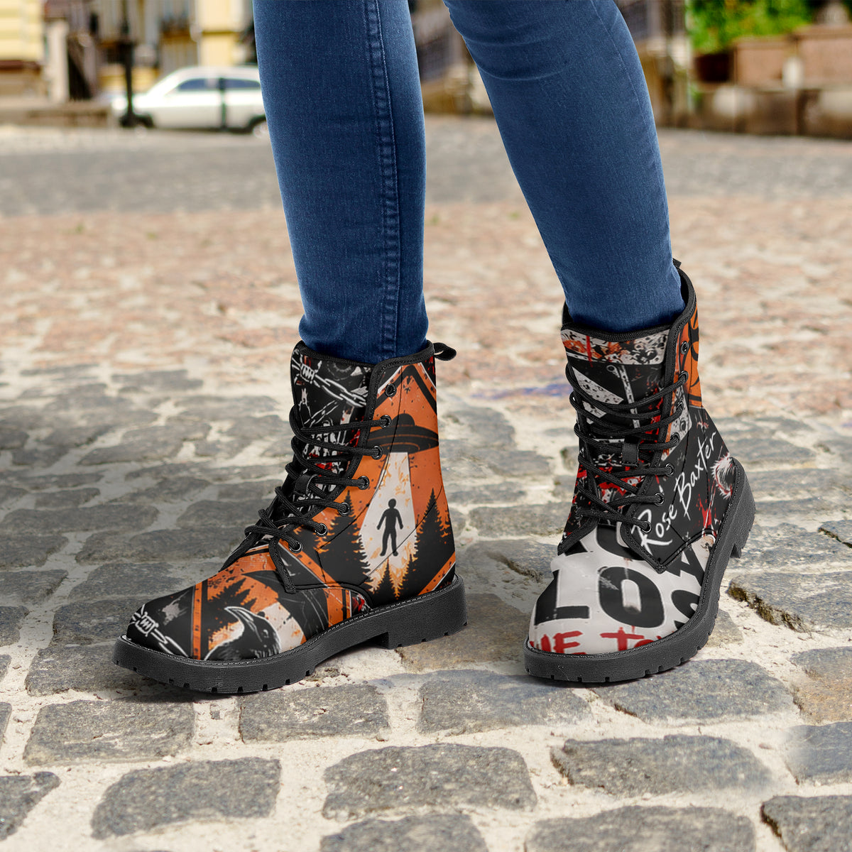 KLF Road Closed leather boots with Strange Days roadside-horror artwork - product view 5