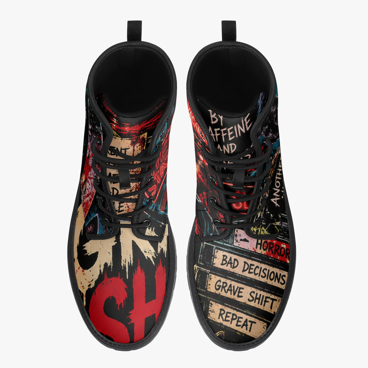 KLF Grave Shift leather boots with neon horror night-shift artwork - product view 3