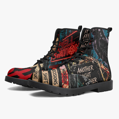 KLF Grave Shift leather boots with neon horror night-shift artwork - product view 4