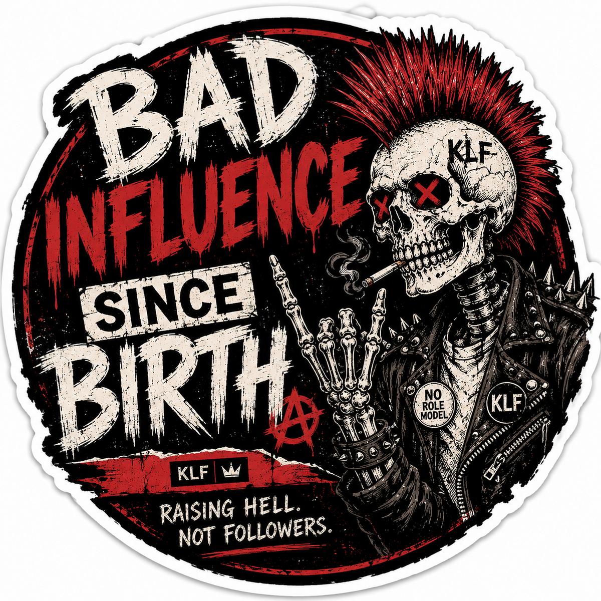 Bad Influence Since Birth punk skeleton sticker with red mohawk and KLF artwork