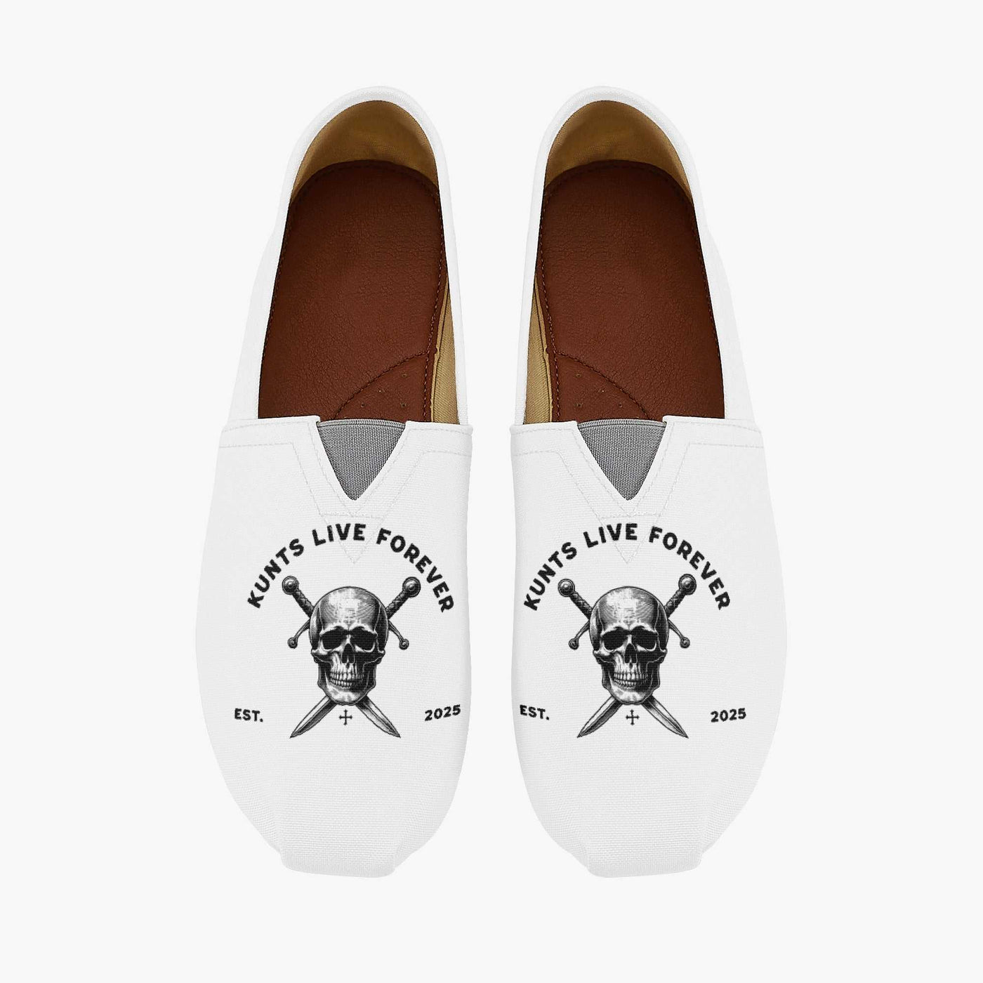White Kunts Canvas Toms shoes with skull and crossed knives design and "Kunts Live Forever" text