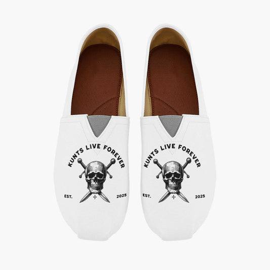 White Kunts Canvas Toms shoes with skull and crossed knives design and "Kunts Live Forever" text