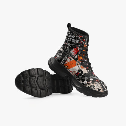 KLF Road Closed chunky boots with Strange Days roadside-horror artwork - product view 5