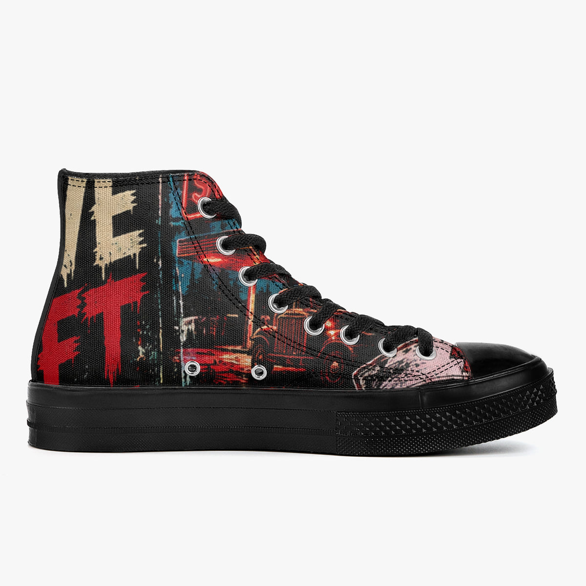 KLF Grave Shift high-top canvas shoes with neon horror night-shift artwork - product view 5