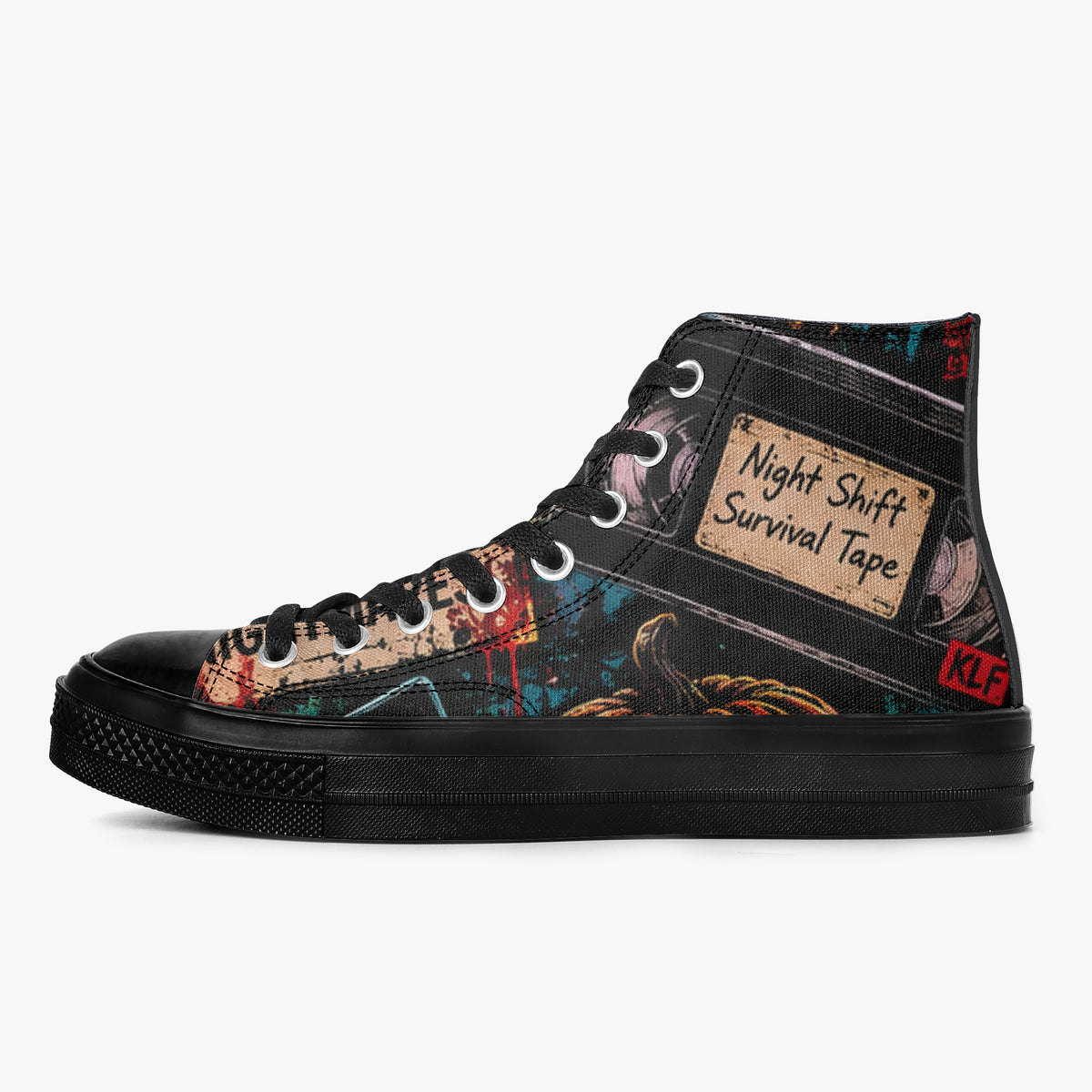 KLF Grave Shift high-top canvas shoes with neon horror night-shift artwork - product view 3