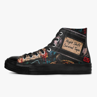 KLF Grave Shift high-top canvas shoes with neon horror night-shift artwork - product view 3