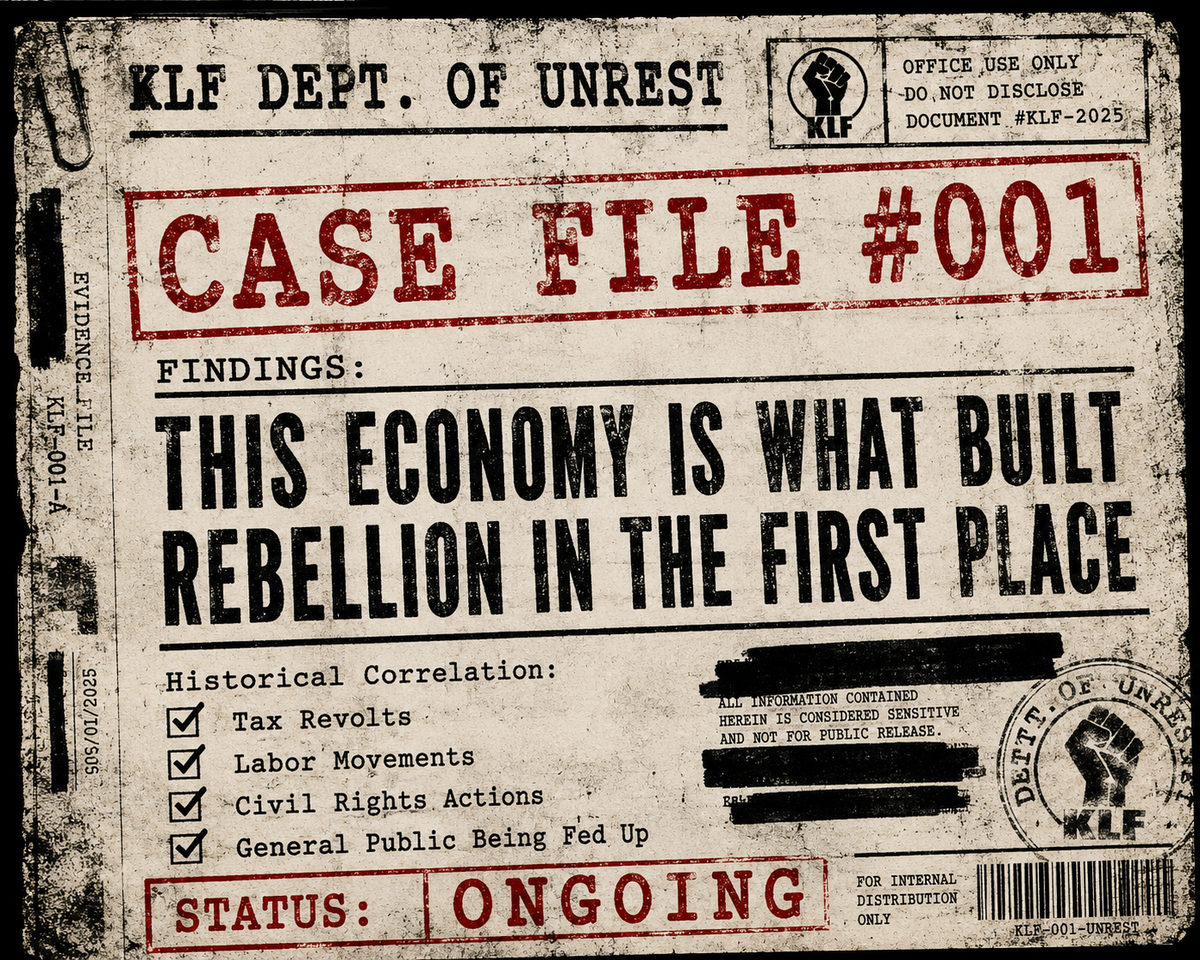 KLF Dept. of Unrest Case File #001 graphic - This Economy Is What Built Rebellion in the First Place