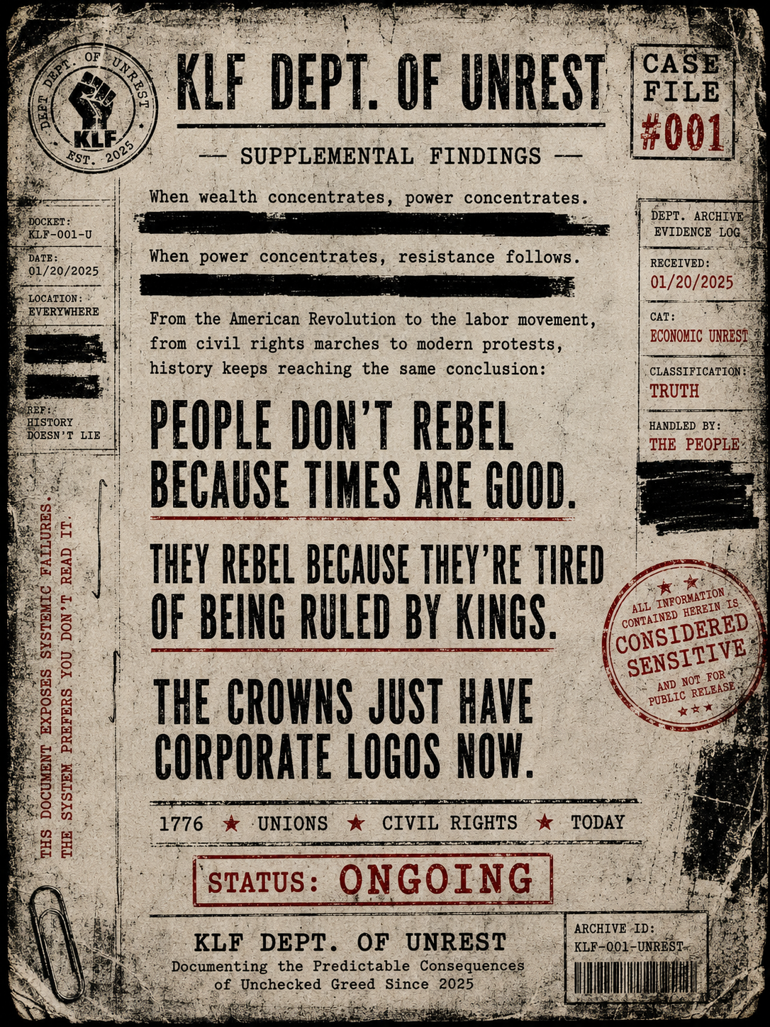 KLF Dept. of Unrest Case File #001 supplemental findings graphic