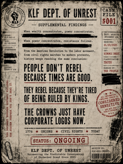 KLF Dept. of Unrest Case File #001 supplemental findings graphic