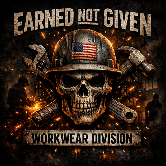 Earned Not Given Workwear Division skull hard hat and tools KLF artwork