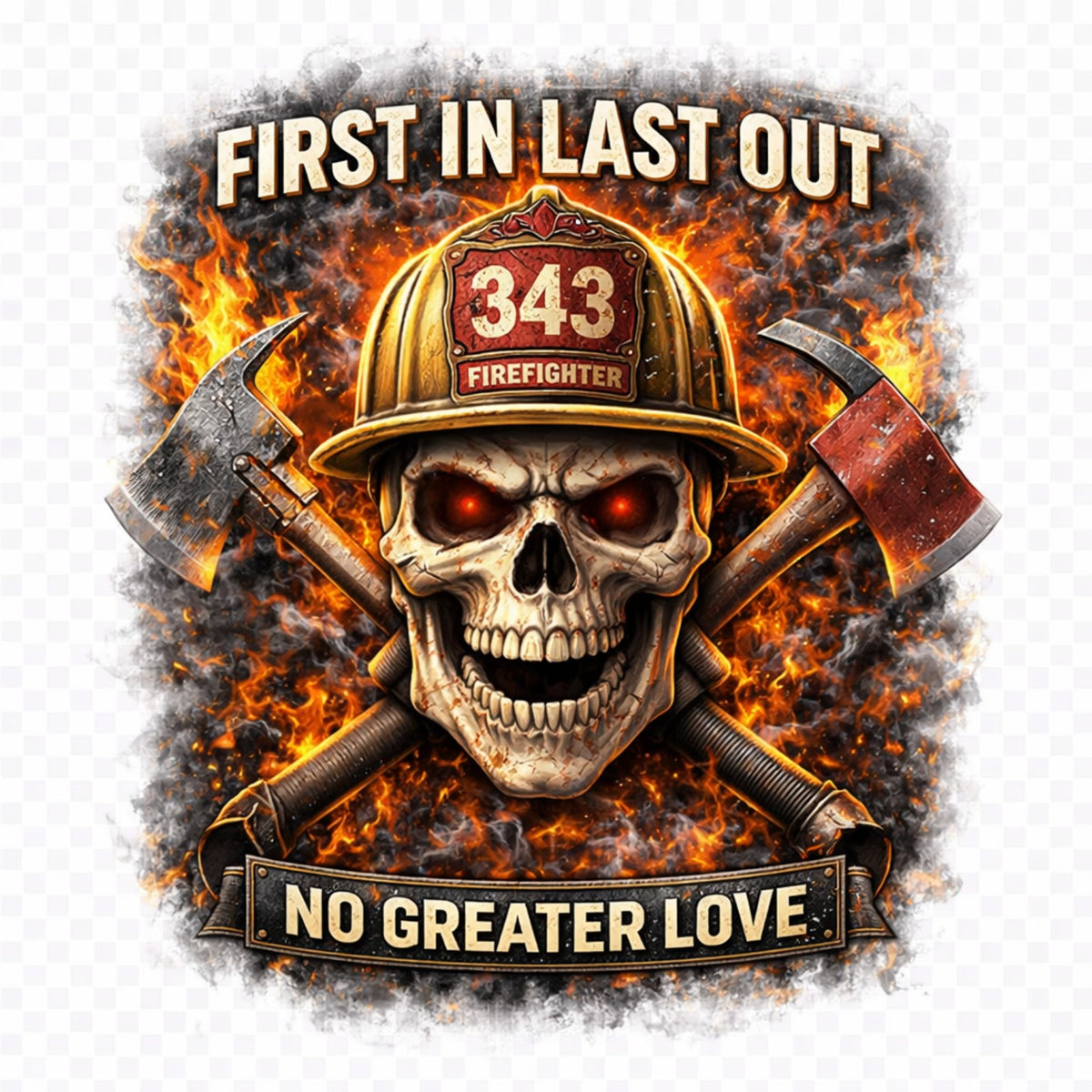 First In Last Out 343 firefighter skull artwork for KLF Punk Workwear