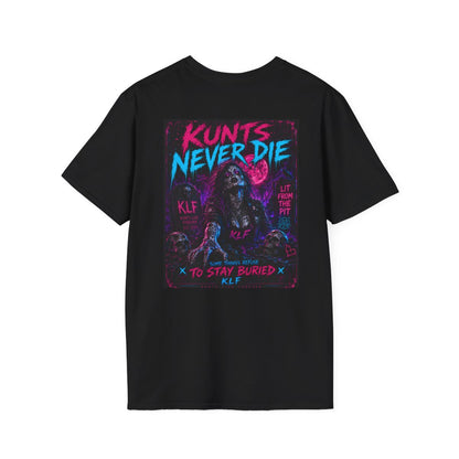 Kunts Never Die black KLF tee back mockup with neon horror graphic