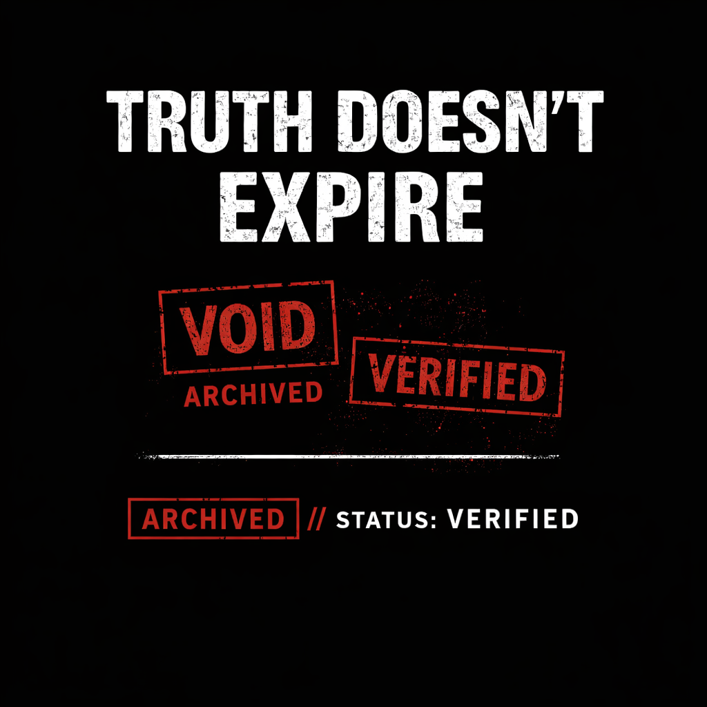 Truth Doesn't Expire KLF protest graphic with archived verified stamps